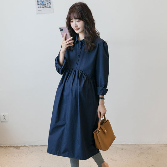 Chic Navy Waist-Defined Maternity Dress