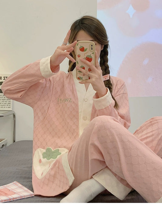 Summer Autumn Nursing Collared Strawberry Pajama Set
