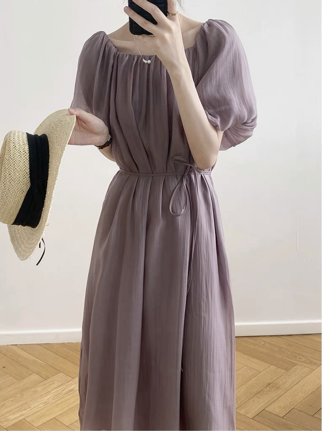 High Waist Square-Neck Puff Sleeve Midi Dress