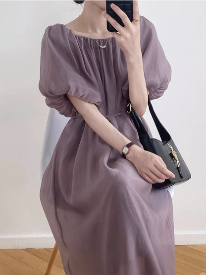 High Waist Square-Neck Puff Sleeve Midi Dress