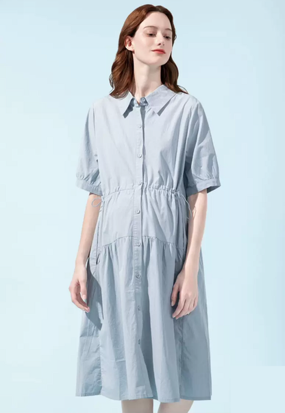 Slim Waist Buttoned Shirt Pocket Midi Dress