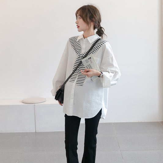 Chic White Maternity Shirt with Removable Striped Shoulder Wrap