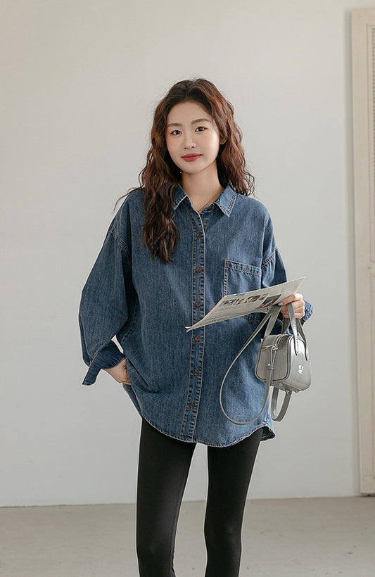 Casual Loose-Fit Maternity Denim Shirt