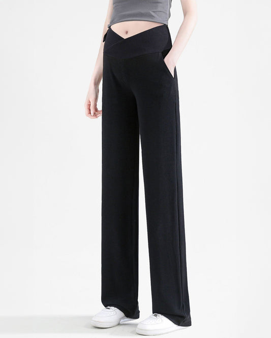 Wide Leg Crossover Waist Cotton Silk Pants Black