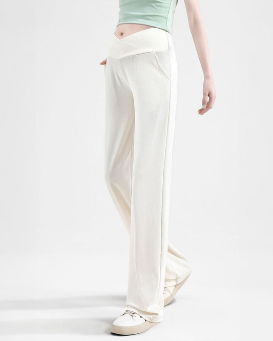 Wide Leg Crossover Waist Cotton Silk Pants Off White